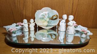 Pair of Goebel & Enesco Angelic Figurines, Finger Ring Dish, & Decorative Mirror 