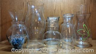 Variety of 7 Glass Vases & 4 Oil Lamp Chimneys 