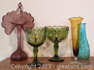 2 Teardrop Green Glass Compotes & 3 Unique Vases 