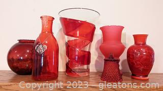 Clear/Ruby Red Spiral Art Glass Vase plus More Red Themed Vases 