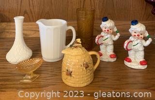 Vintage Milk Glass- Hand Painted Figurines- Brockway Amber- Bee Hive Honey Syrup Pot (7pcs) 