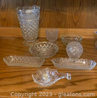 Eight Pieces of Cut or Pressed Glassware Including An Anchor Hocking Wexford Vase 