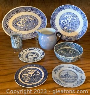 Eight Pieces of Blue and White Dishes Including Willow Blue 