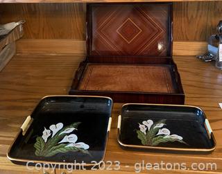 Four Lacquered Serving Trays Including Two Depicting Calla Lilies 