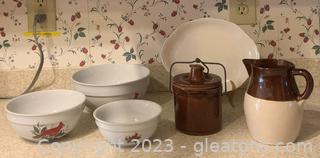 Small Glazed Stoneware Crock- Roseville Pottery Pitcher – Nesting Cardinal Bowls and More 
