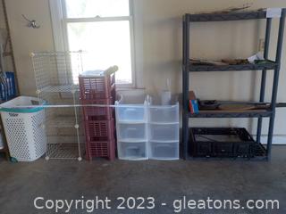 4 Shelf Shelving Unit with all items on shelves and storage items to the left of the shelving.