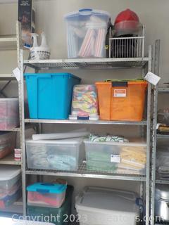 Silver Shelving Unit with 3 shelves, Including all Contents-
tubs with table clothes, accessories (Party Needs)