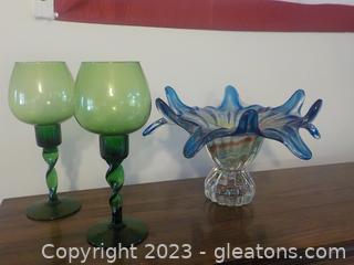 Colorful Art Glass Vase and a pair of Emerald Green
Chalice-like Candle Holders with twisted stems.