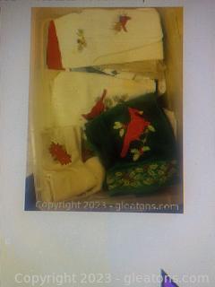 Tub of Cardinal Themed Christmas Linens