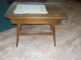 Mid-Century Modern Side Table with doily under a glass protector