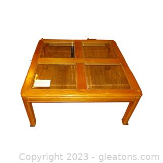 Mid-Century Square Wooden Coffee Table with 4 Panes of Beveled Glass on Top