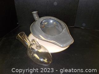 Vintage Tin Bed Pan and Glass Urinal. For Décor only.