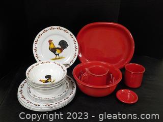 12 pc, Set of Rooster Themed Dishes with a 4-pc Set of Crown Corning Ware from Japan