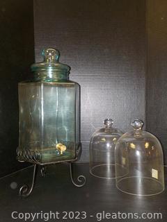 Glass Beverage Dispenser on Stand and 2 Clear Cloches 