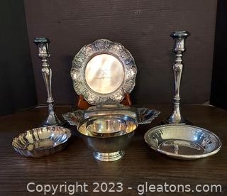 Weighted Silver Candlesticks, Ornate Towle Butter Dish w/ Sheffield Knife, & more