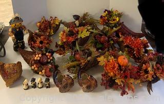 Autumn Themed Decor Including Cornucopias and Ceramic Turkeys