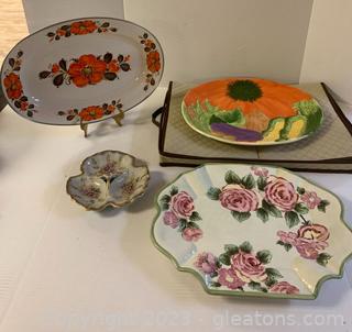 Vintage Enamelware “Poppy” Platter and Three Other Servingware Pieces