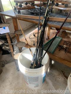 Large Bucket with Fishing Poles