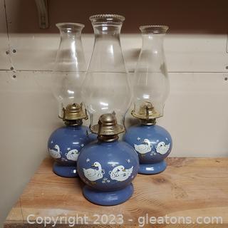 3 Oil Burning Lamps-Blue with Geese