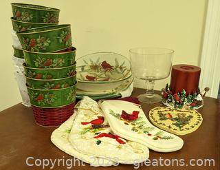 Gorgeous Cardinal Christmasmas Stockings (3), Platters (4), 12 Planter Baskets, More