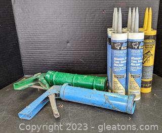 Caulking Guns (2), Commercial Grade Quikrete, & Dap Alex Ultra