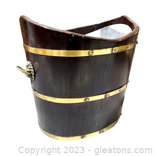 Antique Brass-Bound Wooden Peat Bucket/Wine Cooler