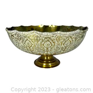 Vintage Brass Hand-Etched Footed Bowl