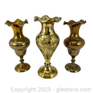 Three Small Engraved Brass Fluted Vases
