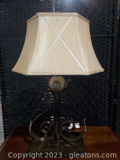 Impressive Heavy Bronze Scroll-Like Table Lamp with Shade