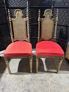 Vintage Carved Walnut Barley Twist Upholstered Chairs w/ Cane back (lot of 2)