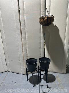 Outdoor Pots w/Metal Stands & Hanging Basket Collection (Lot of 4) 