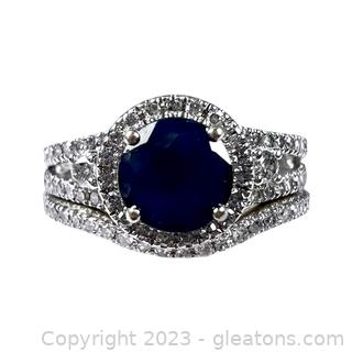 14kt White Gold Sapphire & Diamond Engagement Ring with Curved Diamond Band