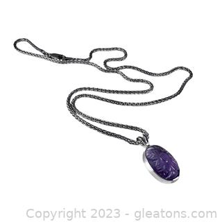 Floral Carved Amethyst Necklace in Sterling Silver