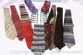 Large Collection of Mens Silk Ties & Tie Holder