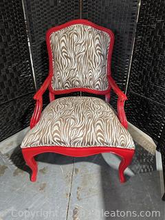 Red Painted Wood Arm Chair Upholstered w/Zebra Print Fabric