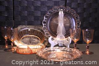 Vintage Pink Depression Anchor Hocking Glass Lace-Edged Plates, Swirl wine Glasses & More 