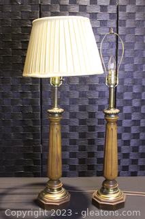 Pair of Wood & Brass Table Lamps with Single Shade 