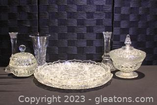 Elegant Etched Crystal & Glass Serving Platters, Candle Holders & Candy Dishes 