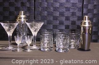 Nice Palm Tree Martini Glasses with Shaker & Vintage Pinch Whiskey Glasses 