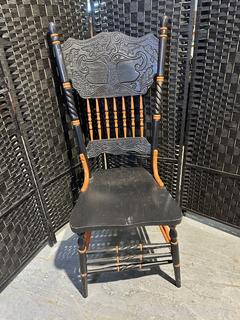 Vintage Carved Wood Side Chair Painted Black w/Orange Detail 
