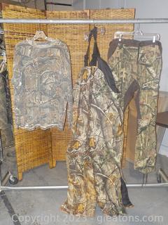 Deer Camp Camoflage Bib, Cabelas Camo Long Sleeve T-Shirt and Mossy Oak Camo Pants