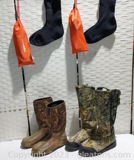 2 Pairs of Men’s Camoflague Boots Size 11 Socks, and Thermacell Insoles