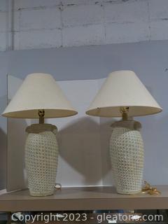 Pair of Taupe Ceramic Basket-Weave Look Table Lamps