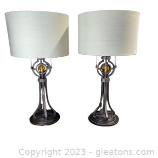Pair of Modern double Pull Table Lamps with Amber Globe Accent