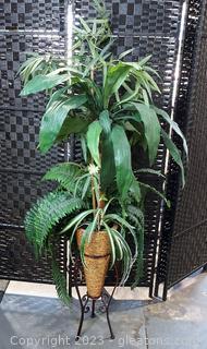 Lovely Faux Flora Arrangement in Natural Fiber Container with Metal Stand