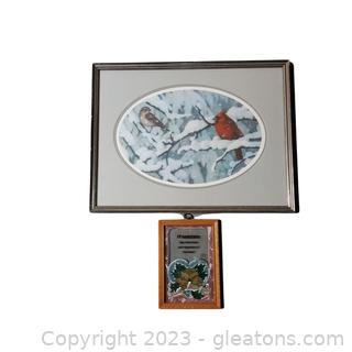 Lovely Winter Bird Lithograph, Signed and a Friendship Stained Glass Sun Catcher