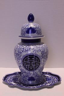 Blue & White Ginger Jar with Bombay Co. Blue & White Tray