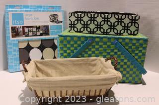 Blue & Green Double Handle Woven Picnic Basket, Fabric Storage Bin & More
