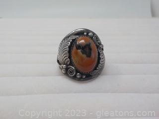 Men’s Southwestern Sterling Silver Ring with Polished Red Coral (?) Center