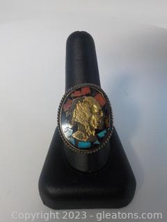 Men’s Southwestern Sterling Silver Ring with Indian Head, Coral and Turquoise Inlay